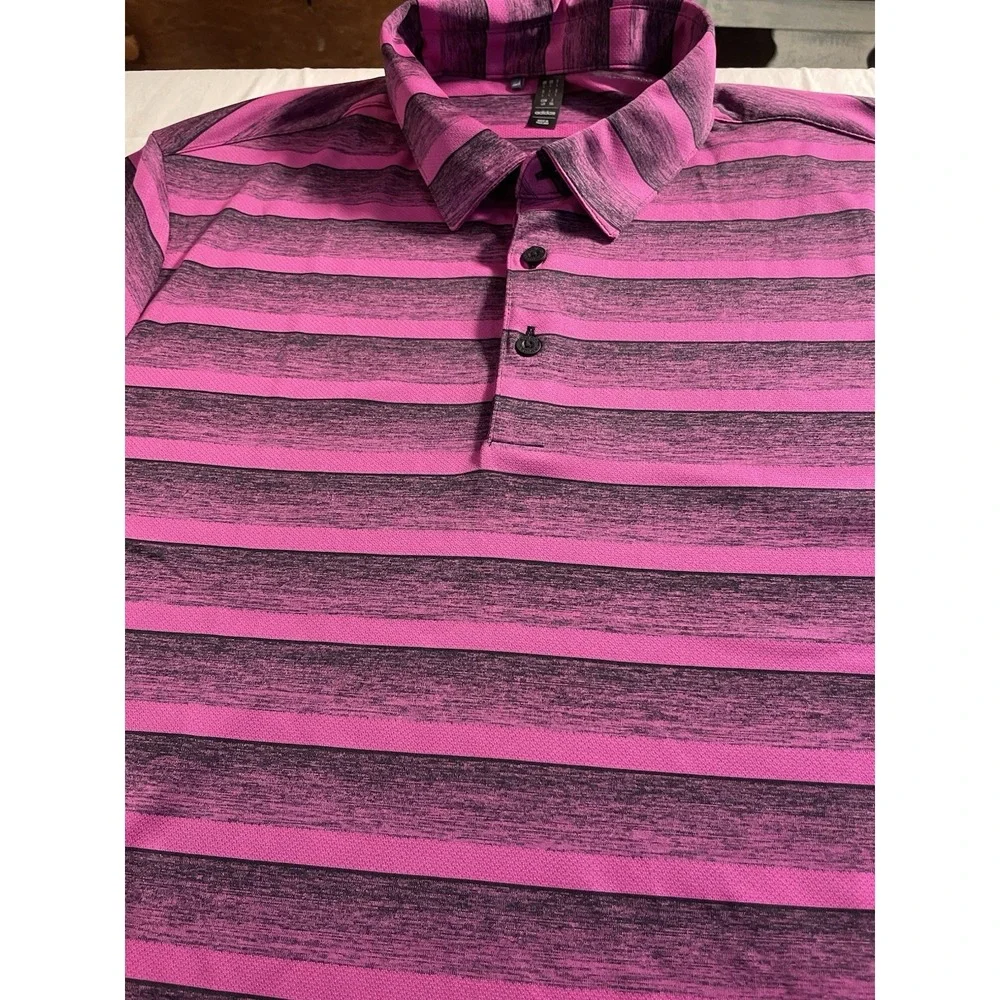 adidas Men's Polo Shirt L Pink Black Striped Short Sleeve Collared Button Poly
